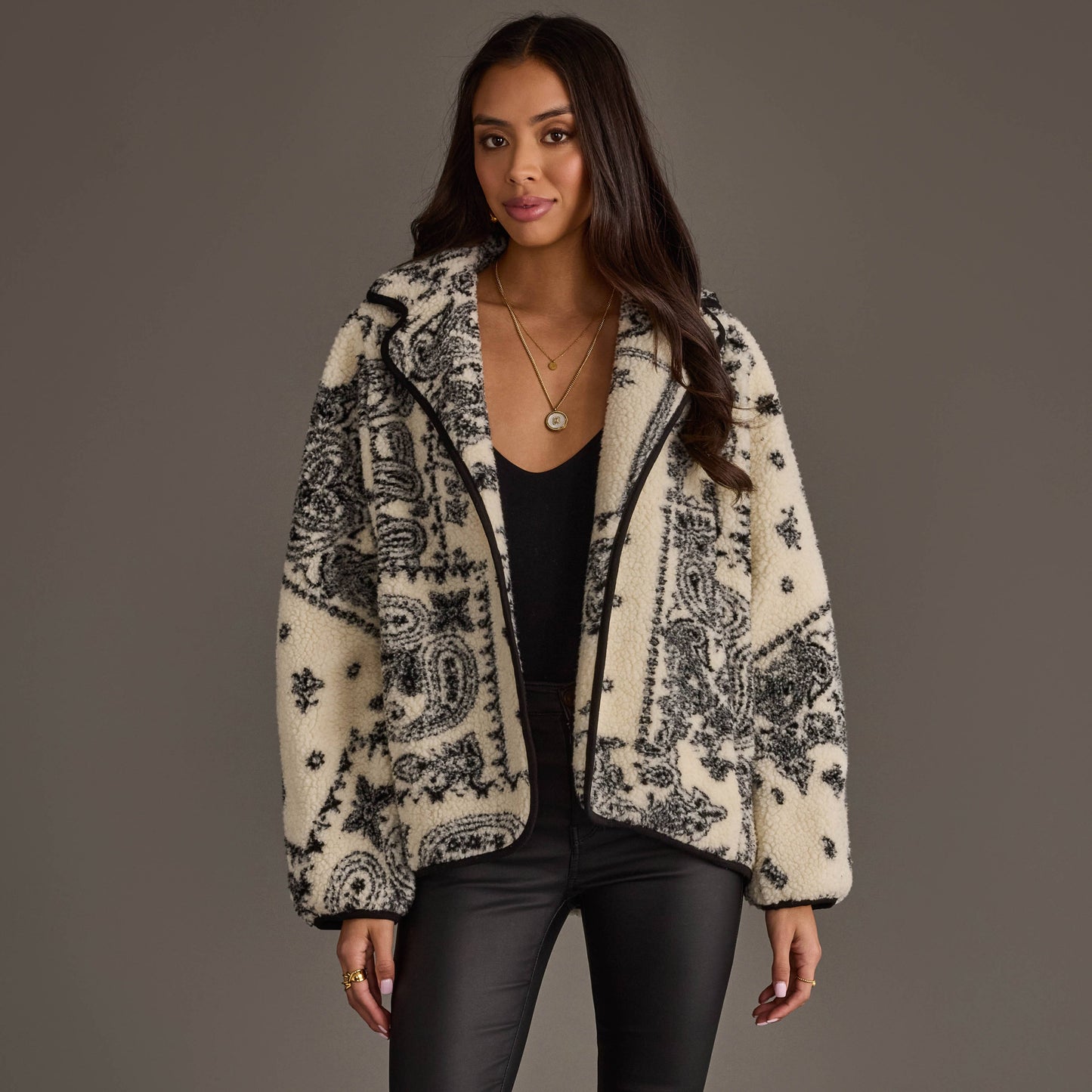 White & Black Paisley Fleece Coatigan