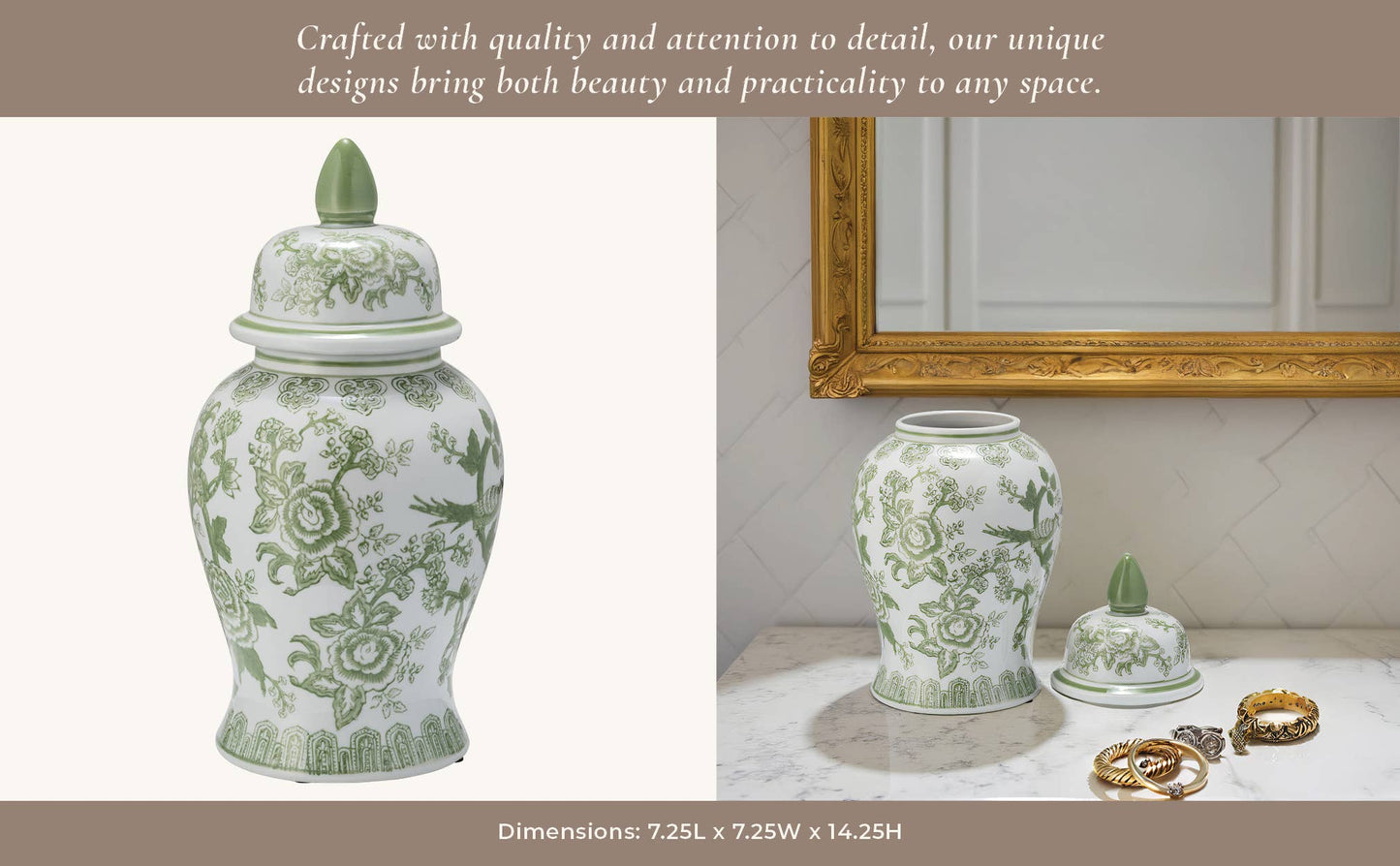 14 in. Green/White Bird and Flower Temple Chinoiserie Jar