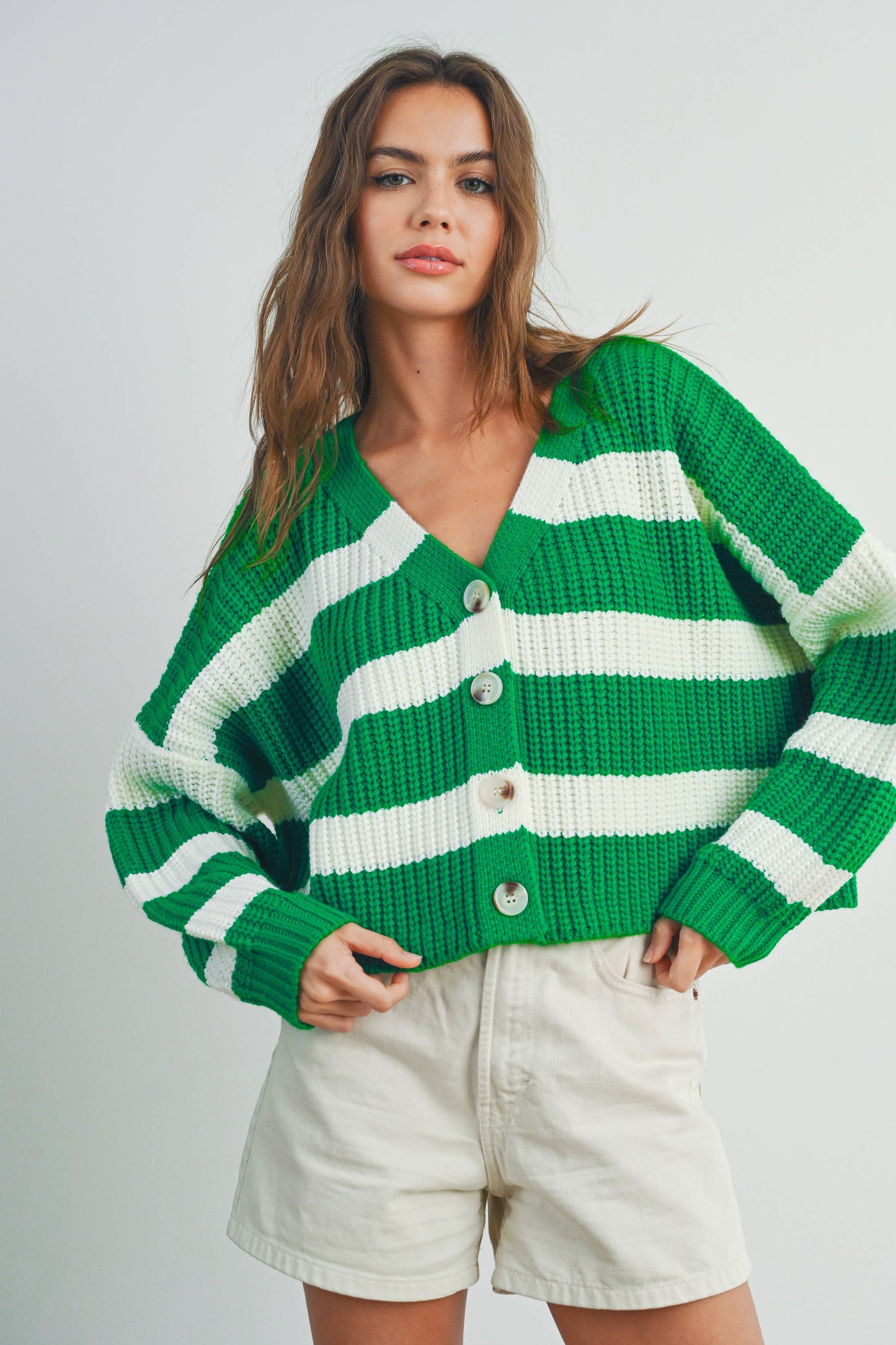 Striped V-Neck Cardigan with Buttons - BMC7331