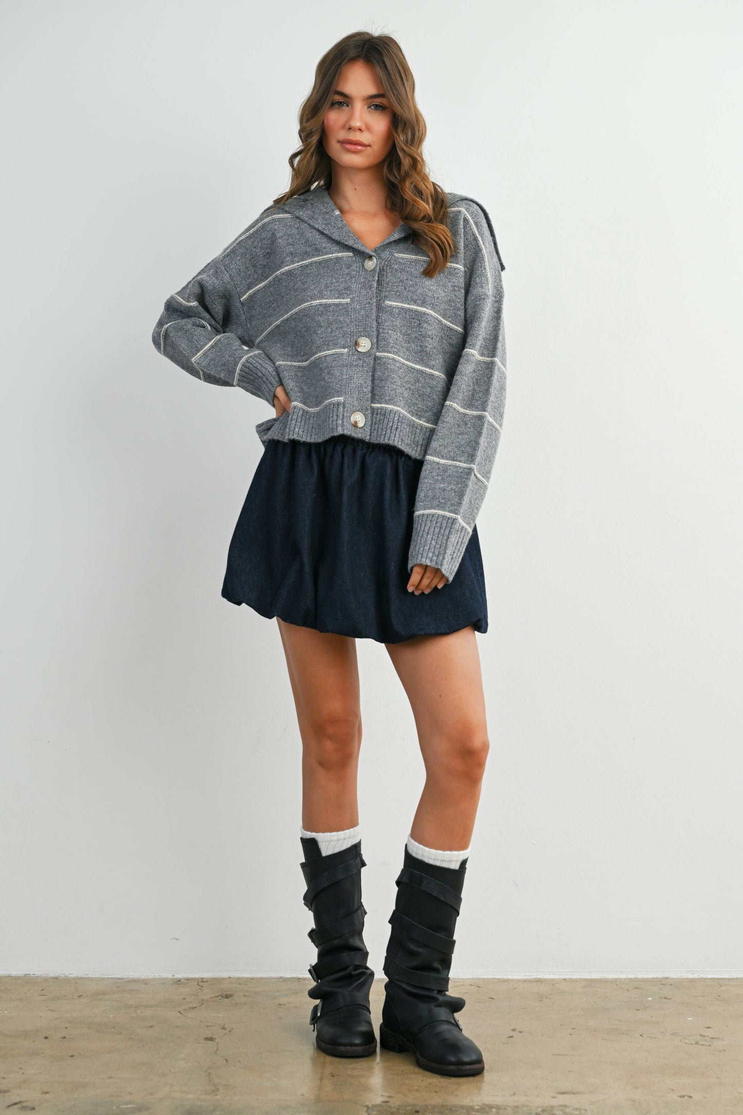 Button-Up Striped Collared Long Sleeve Top - BMC7883: TAUPE MULTI / M