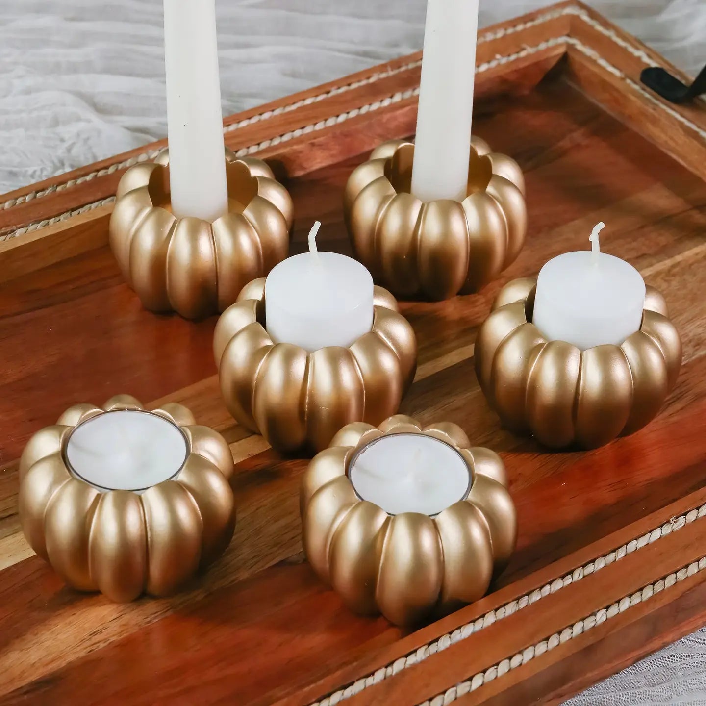 Gold White Pumpkin Tealight & Candlestick Holder