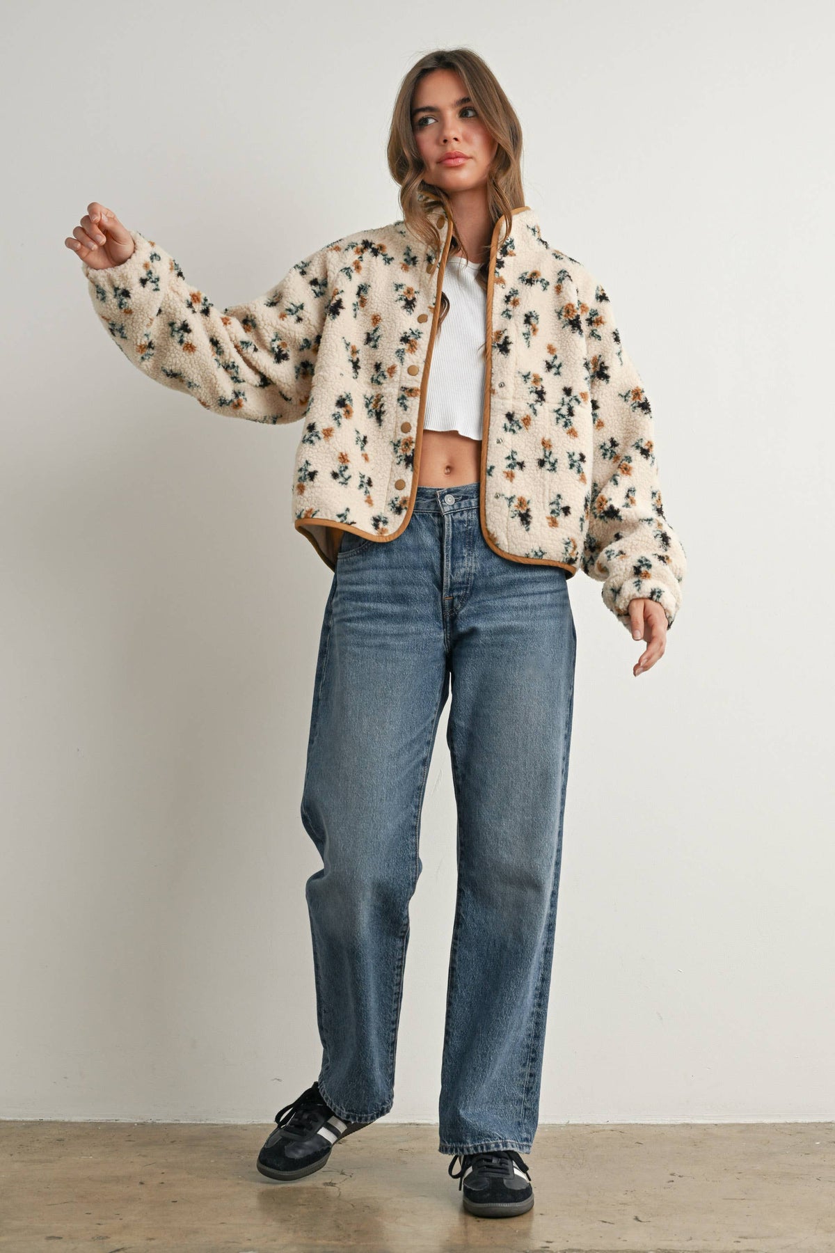 Floral Print Fluffy Fleece Jacket - BMJ7811: CREAM / KHAKI / L