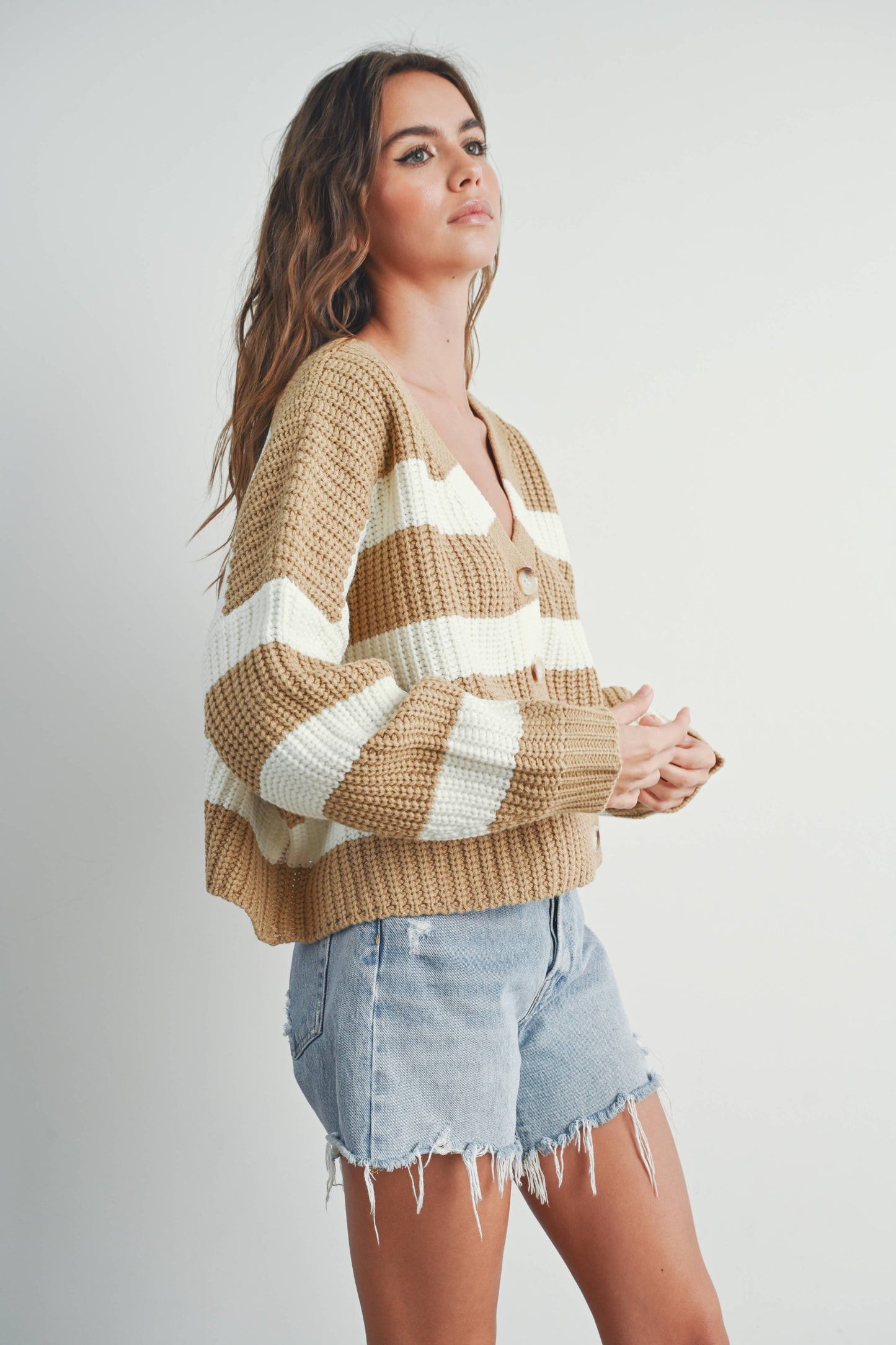 Striped V-Neck Cardigan with Buttons - BMC7331