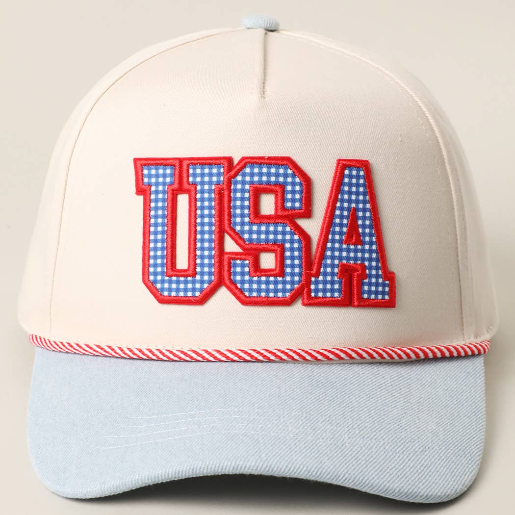 USA Gingham Letter Patch Star Brim Denim Trucker Hat