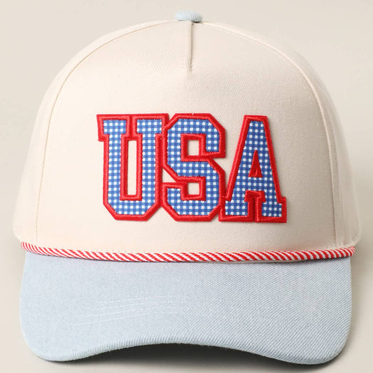 USA Gingham Letter Patch Star Brim Denim Trucker Hat