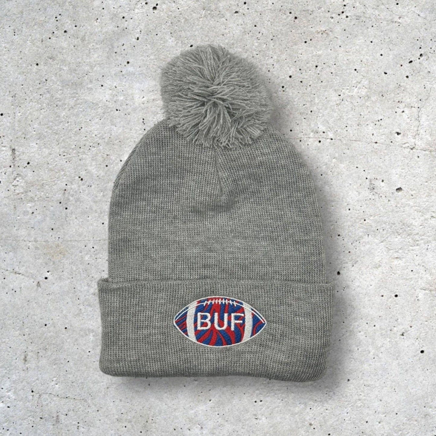 Embroidered BUF Football Beanie: Blue/Red / Pom Beanie