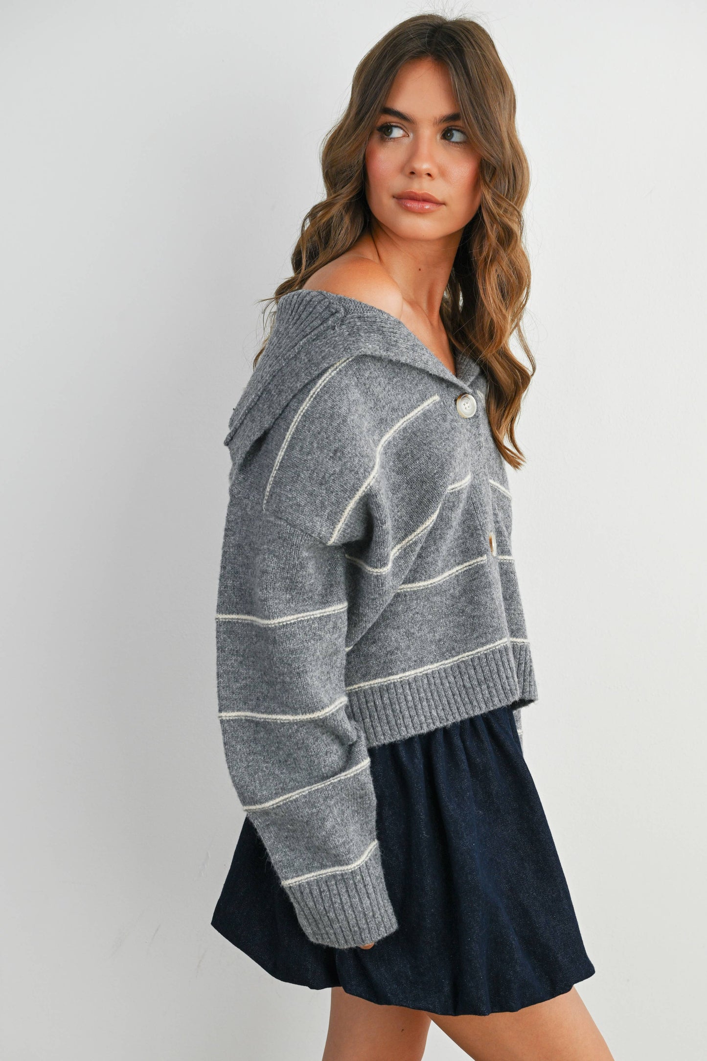 Button-Up Striped Collared Long Sleeve Top - BMC7883: TAUPE MULTI / M